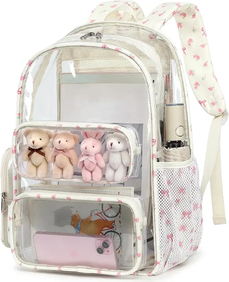 BTOOP Clear Backpack Heavy Duty Transparent Backpack 17" See Through Bookbag for College Work Festival Security Padded Strap (pink bow floral)
