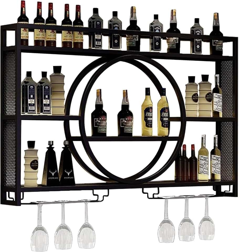 Modern Wine Storage Rack Wall Mounted With LED Light With Wine Glass Holder,Iron Bar Liquor Shelf,Floating Wall Wine Shelves,Bar Liquor Bottle Display Shelf For Kitchen Bar Decoration Gold/Black ( Col
