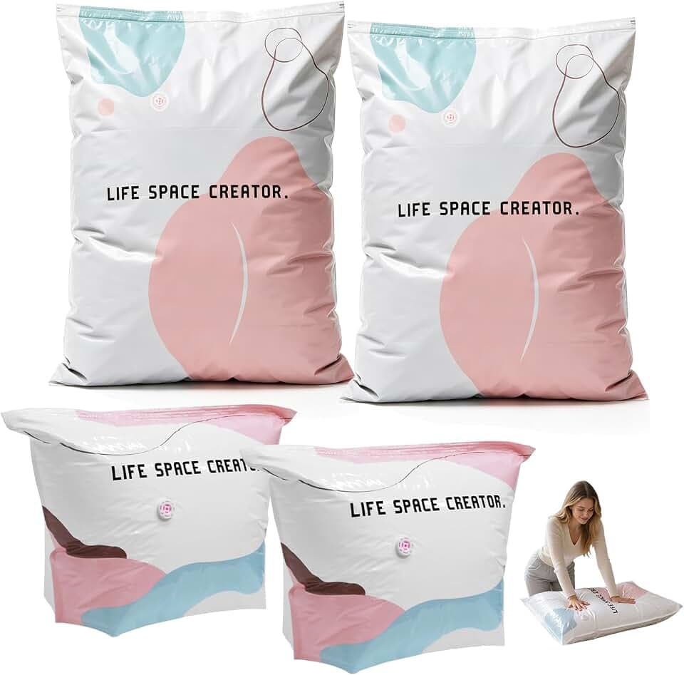 Vakuumbeutel ohne Pumpe 4er Set: Platzsparende No-Pump Aufbewahrungsbeutel für Kleidung, Bettdecken & Reisen – 2x M (70x50x30cm) & 2x L (100x80x30cm)
