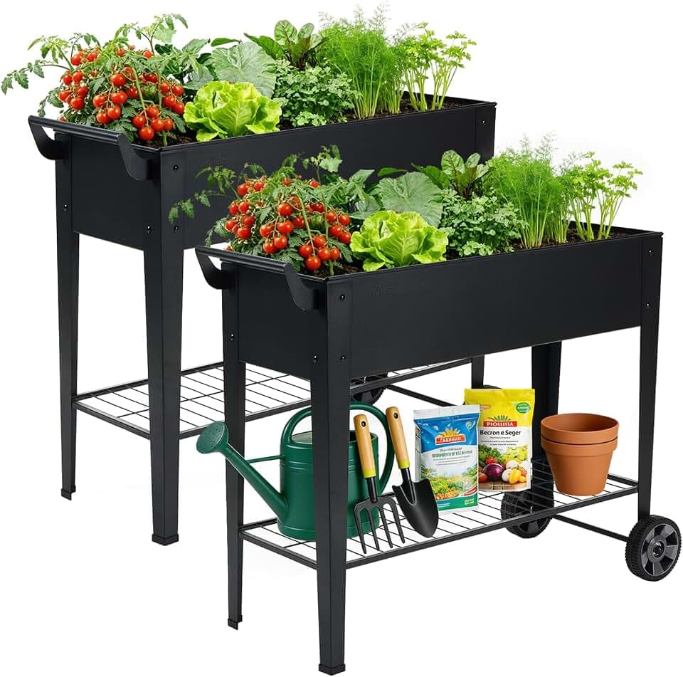2-Pack 32" Tall Elevated Raised Garden Bed with Wheels and Shelf