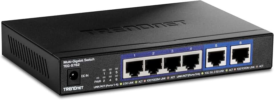 TRENDnet, TEG-S762, 6-Port 10G Switch, 4 x 2,5G RJ-45 Base-T Ports, 2 x 10G RJ-45 Ports, 60 Gbit/s Schaltleistung, Wandmontage, 10 Gigabit Netzwerkverbindungen, Schwarz