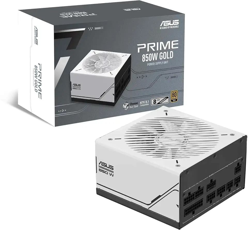 ASUS Prime 850W Gold Netzteil (850 Watt, für Allround-PCs und Gaming-PCs, 80 Plus Gold Zertifizierung, ATX 3.1 kompatibel, PCIe 5.1, Lüfter mit Doppelkugellagern, schwarz/weiß)