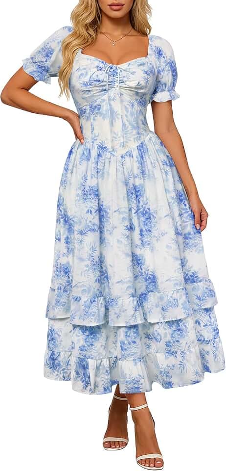 SCARLET DARKNESS Damen Viktorianisches Blumenkleid Kurzarm Rüschensaum Sommer Lang Kleider