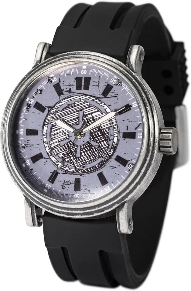 Star Wars Death Star Watch for Men – Featuring Galactic Empire Dial – Great Gift for Star Wars Fans – Antique Silver Case, Silver Dial, and Black Silicone Strap – BUY AND GET 1 FREE MYSTERY WATCH