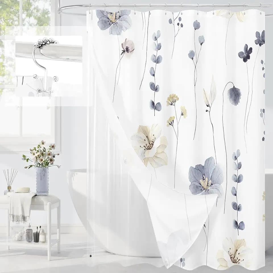 Gibelle 3 in 1 Grey Watercolor Floral Shower Curtain Liner Set, 72x72