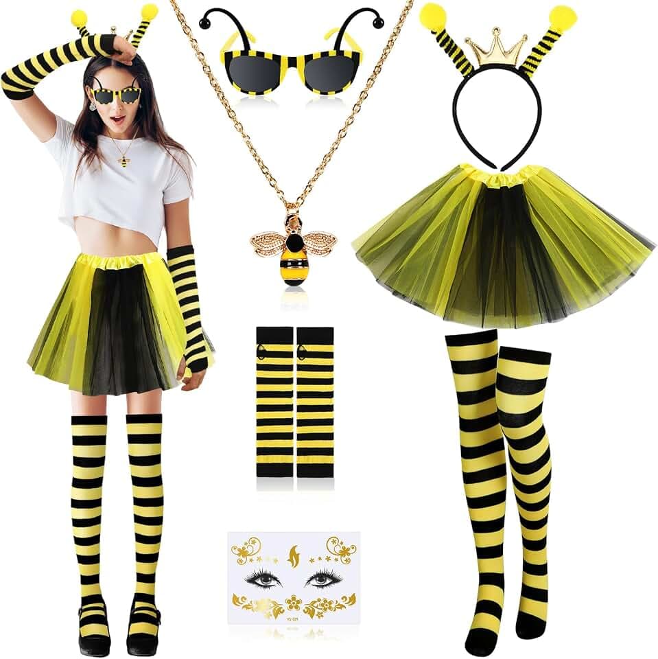 7 Stück Bienenkostüm Erwachsene, Bienen Kostüm Damen Stirnband Brille Gesicht Tattoo Halskette Socken Handschuh Bienen kleidung Fasching Accessoires Faschingskostüm für Karneval Design
