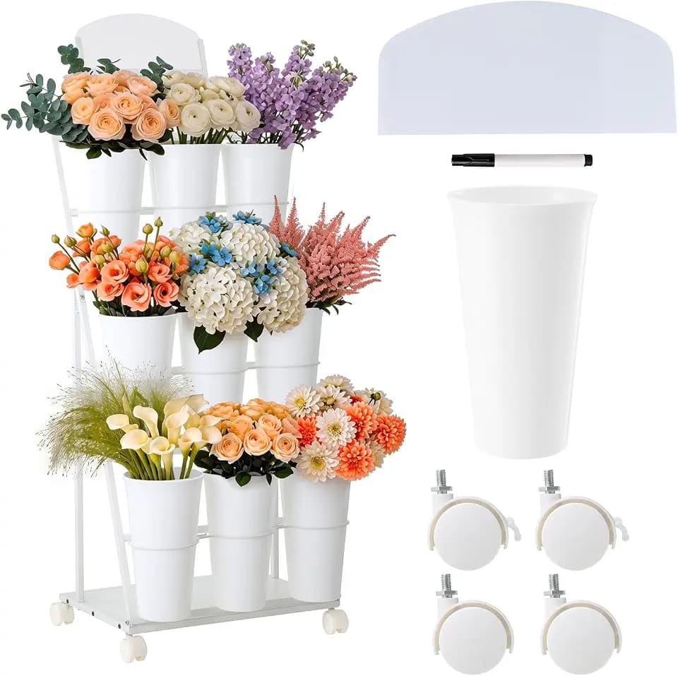 3-Tier Flower Stand with Buckets, Mobile Flower Cart for Bloom Bar & Flower Bar, Iron & Wood Flower Display Stand & Holder for Florist Shop, Wedding, Patio,white.