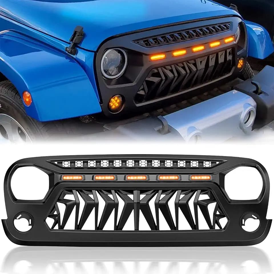 Shark Grille Compatible with Jeep Wrangler Jk Jku 2007-2018 with LEDs