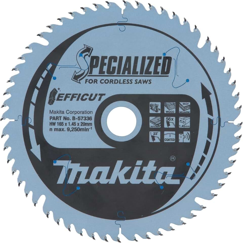 Makita B-57336 EFFICUT Kreissägeblatt Ø 165 x 1,45 x 20 mm, 56 Zähne, 23° Zahnwinkel, sehr saubere und schnelle Schnitte in Holz, MDF, Laminat, für Akku-Handkreissägen