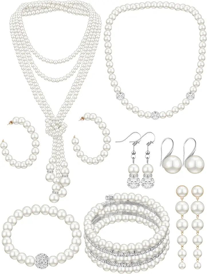 BBTO 8 Pcs Pearl Necklace Earring Set Women Wedding Jewelry