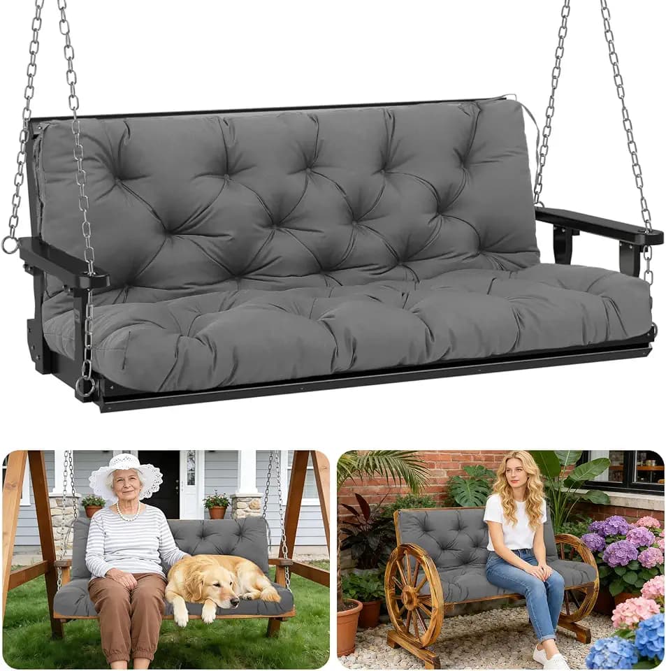 Porch Swing Cushions Outdoor 60 inch x 40 Waterproof Swing Cushions 3 Seater Replacement with Backrest & 8 Ties 5" Thick Bench Swing Cushions for Outdoor Furniture Patio(Dark Gray)