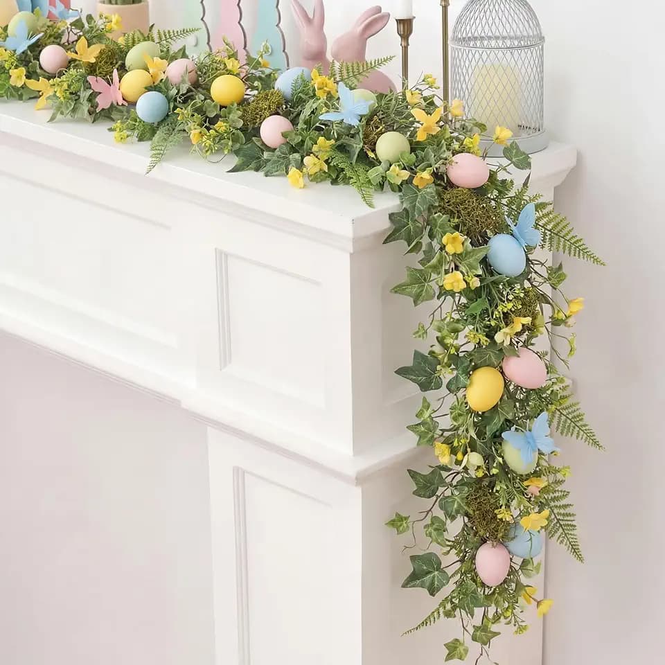 Zeyune 6 ft Easter Egg Garland Artificial Easter Egg Mantel Decoration Pastel Spring Floral Butterfly Garland Decoration for Mantel Home Fireplace Table Wall Indoor Holiday Party