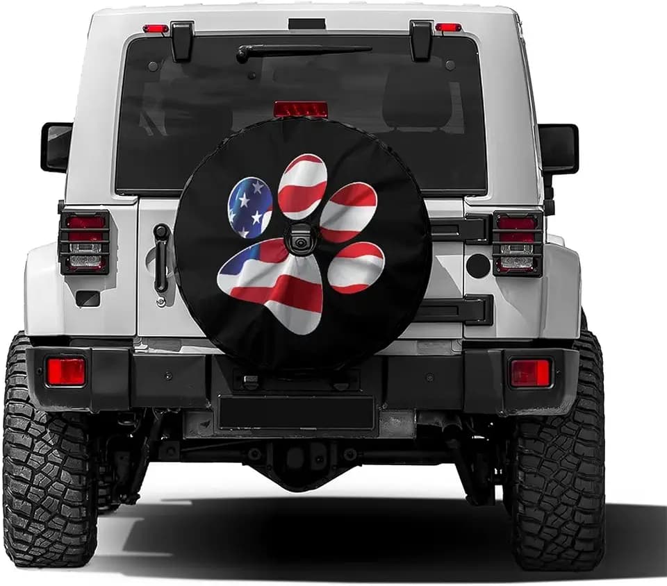 Paws Us American Flag Spare Tire Cover with Backup Camera Hole Wheel Tire Cover Fit Trailer, RV, SUV and Many Vehicle 17inch