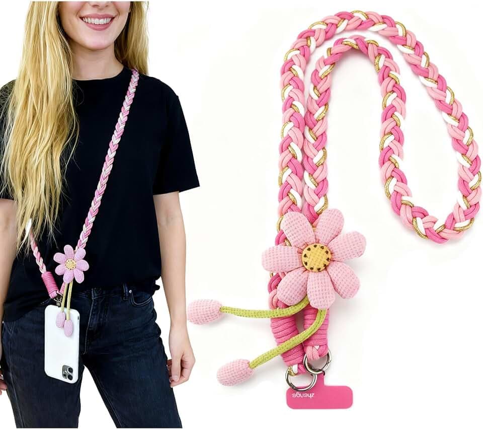 1 Pack Portable Flower braided lanyard Phone Crossbody Strap and Secure T-Clip Handmade Phone Lanyard For Bags Camera ID Cards Pink