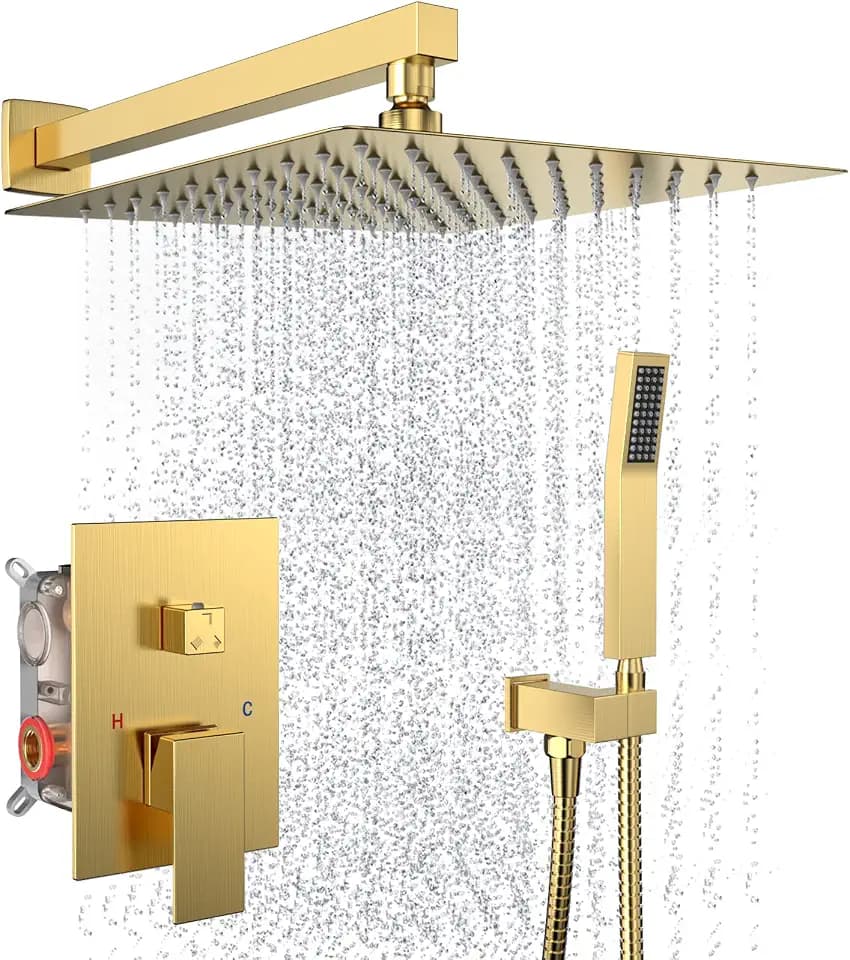 Brushed Gold Rain Shower System Faucet Set with Handheld, 10 inch
