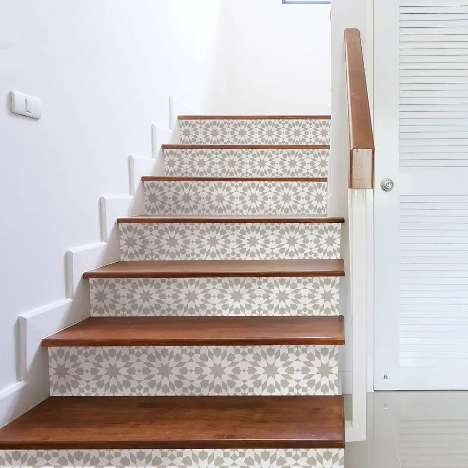 funlife 14 PCS Moroccan Peel and Stick Stair Stickers, Self Adhesive Boho Vinyl Stair Risers Decals, Staircase Murals Decor for Steps, 39.37"X7.09" Light Brown