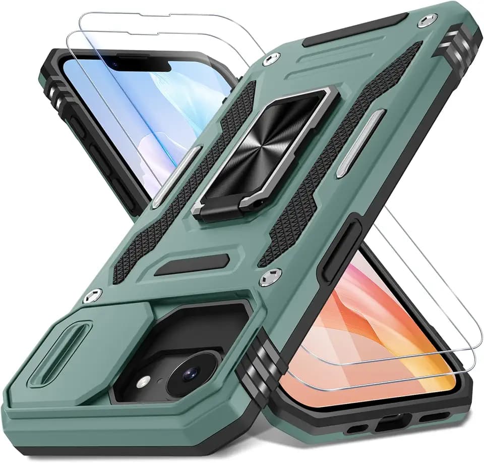 DEERLAMN Case for iPhone 17e/iPhone 16e 6.1-Inch with Slide Camera Cover+Screen Protector (2 Packs), Rotated Ring Kickstand Military Grade Shockproof Protective Cover-Green