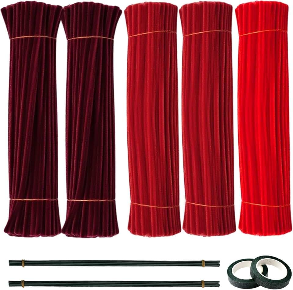 500/600 Stück Pfeifenreiniger zum Bastelset 30cm, 5/6 Farbige Pipe Cleaner Flower Set, Pfeifenreiniger-Blumen zum Basteln, Dekorieren und für Feste, und Blumendeko (5 Farben (Rot))