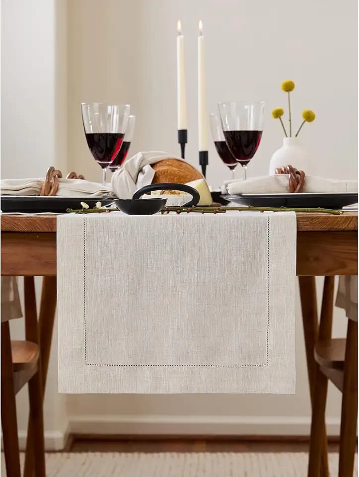Solino Home 100% Linen Table Runner Natural, Classic Hemstitch 14 x 108 in