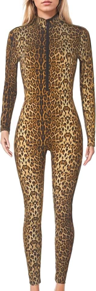 FEOYA Langärmeliger Jumpsuit mit Leopardenmuster für Damen, Stretch-Body mit Reißverschluss vorne, Rundhalsausschnitt, figurbetont, einteiliges Outfit, sexy Club-Party, Catsuit, für