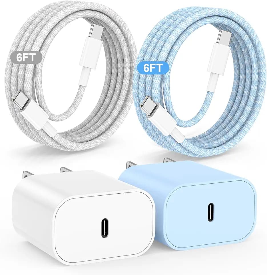 20W USB C Fast Charging for iPhone 17 Air/16/15 Pro Max,2Pack Colorful Mixed Charger Block with Braided Long USB C to C Cables (6/6ft) Compatible with iPhone16/15 Pro/15 Plus/iPad Pro