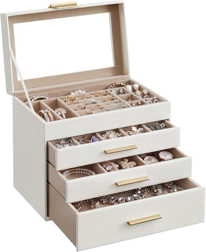 SONGMICS Schmuckkästchen mit Glasdeckel, 4 Ebenen, 3 Schubladen