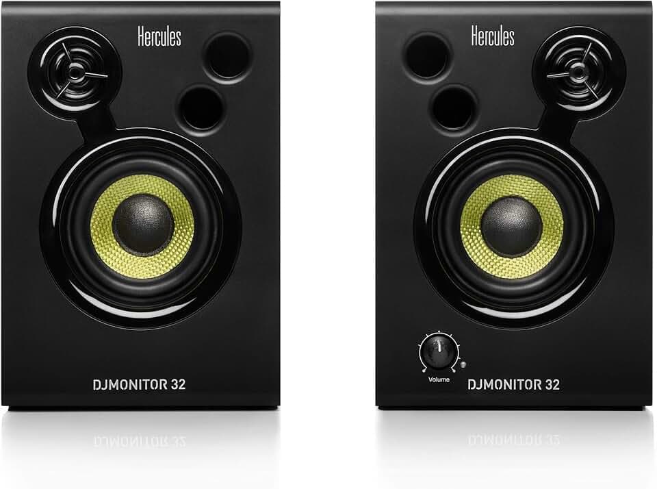 Hercules DJSpeaker 32 Party - 2 x 15 Watt RMS Aktive Monitor Lautsprecher mit eingebauten Lichteffekten, Schwarz