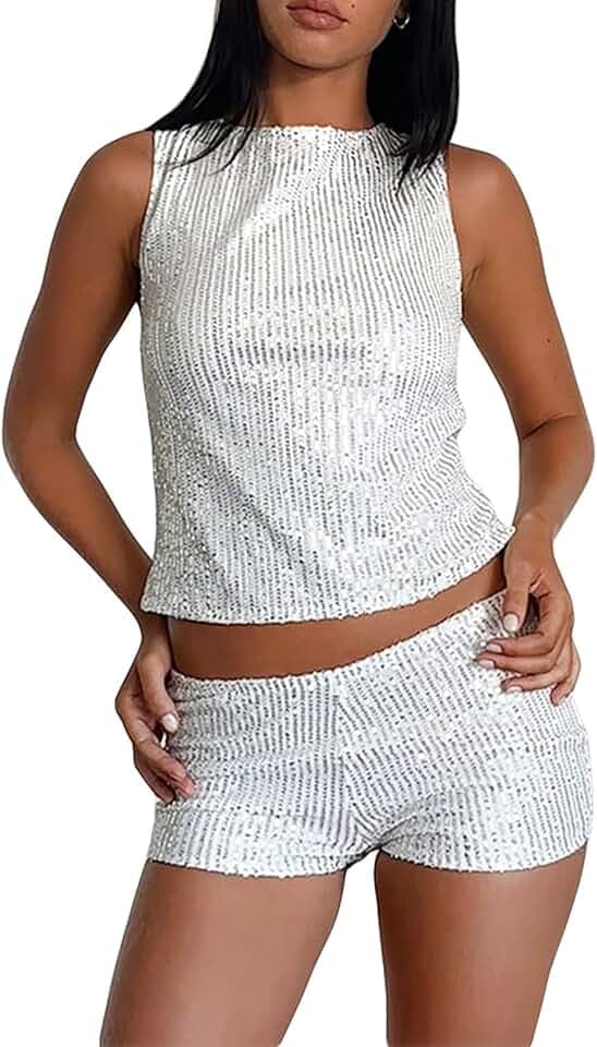 Damen Shine Pailletten Tank Tops Ärmellos Rundhals Glitzer Slim Fit Weste Y2K Tops für Club Party