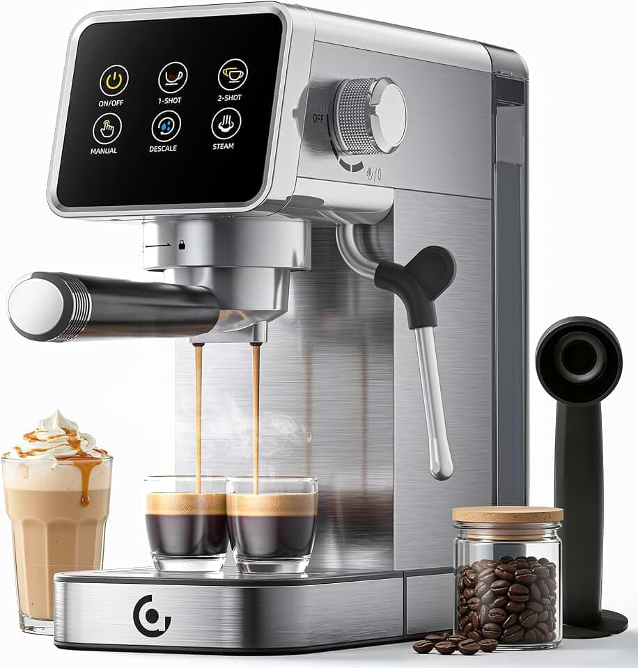AMZCHEF Siebträgermaschine 20 Bar mit LED-Touchscreen, Kompakte Espressomaschine aus Edelstahl mit Milchaufschäumer,Selbstreinigung, 1,2L Wassertank, für Espresso, Cappuccino & Latte Macchiato