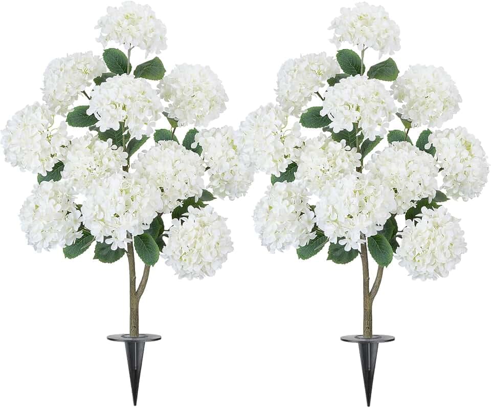 GTIDEA 2 Pcs Fake Hydrangea Tree for Outdoors, Fake Flowers Tree with Spike