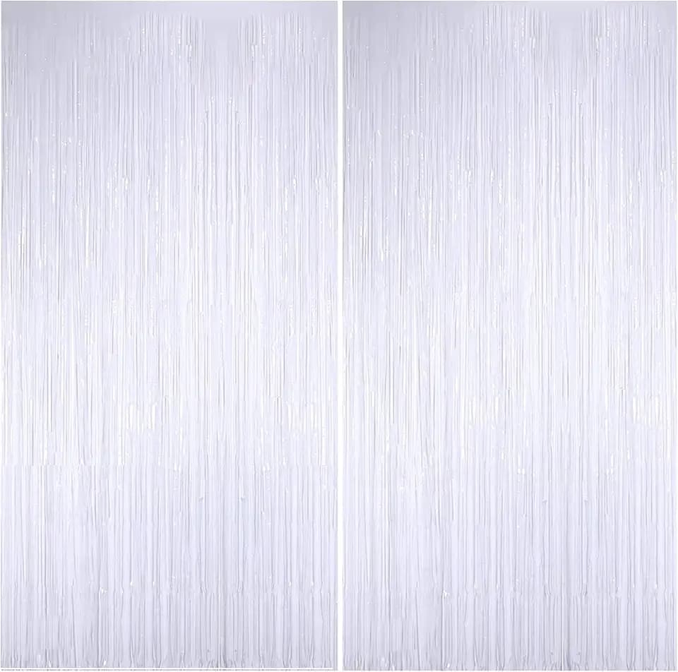 BEISHIDA 2 Pcs White Door Streamers Tinsel Curtain Party Streamers Backdrop Fringe Foil Wall Background for Birthday Halloween Christmas Wedding Party Decoration(3.28 ft x 6.56 ft)