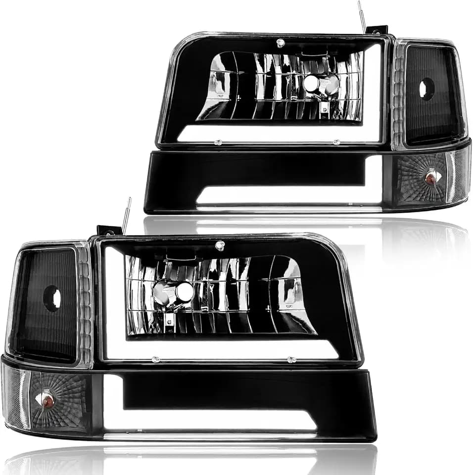 LED DRL Headlight Assembly for 1992 1993 1994 1995 1996 Ford F150 F250 F350/1992-1996 Bronco Driver Left & Passenger Right Side Replacement Black Housing Clear Reflector