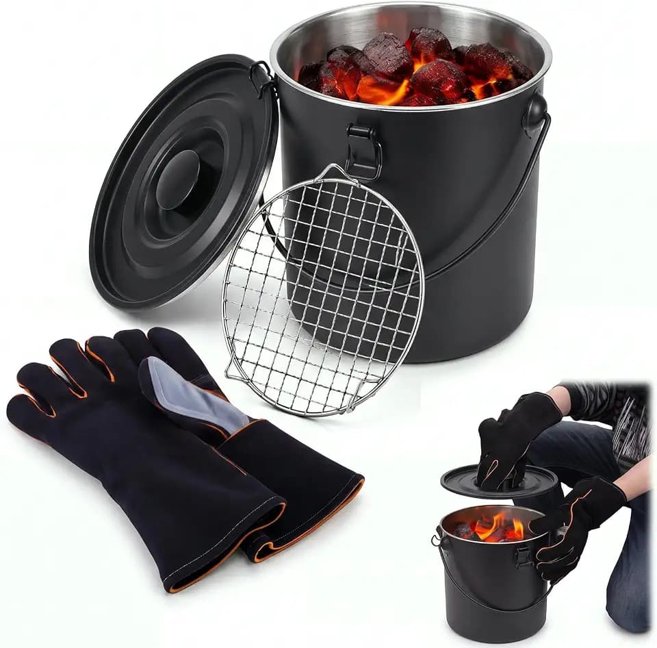 Mifoci 3 Pcs Charcoal Saver Set Ashes Bucket with Lid and Grid,Black