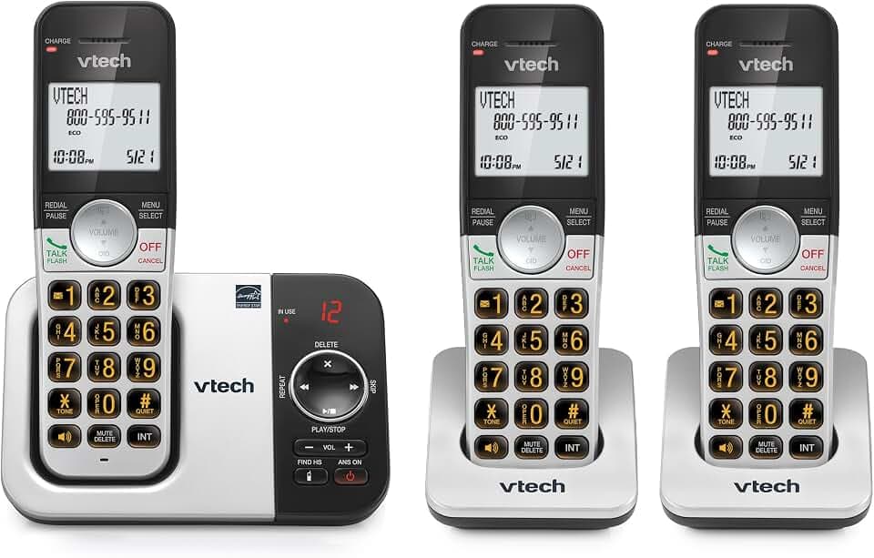 VTech Cordless Phone with 3 Handsets — Big Buttons, Large Backlit Display, Answering Machine, DECT 6.0, Intercom, Call Transfer, Easy to Use | VG232-3