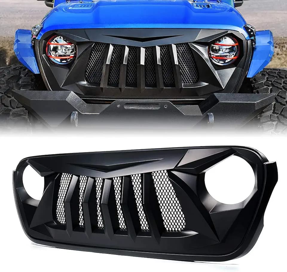 Xprite Matte Black Front Grille Grid Grill w/Mesh Compatible with 2018-2021 Jeep Wrangler JL JT - Black Widow Series