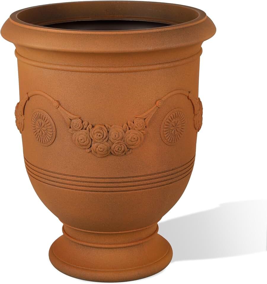 KOL Large Plastic Urn Planter - 16” Dia x 19” H Lightweight Classic Planter Pot with Cement Texture & Drainage Hole, Weather Resistant for Outdoor Plants, Patio, Garden Decor (Rusty)