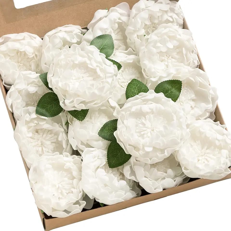 Ling's moment White Artificial Peony Flowers with Stems, 16 pcs