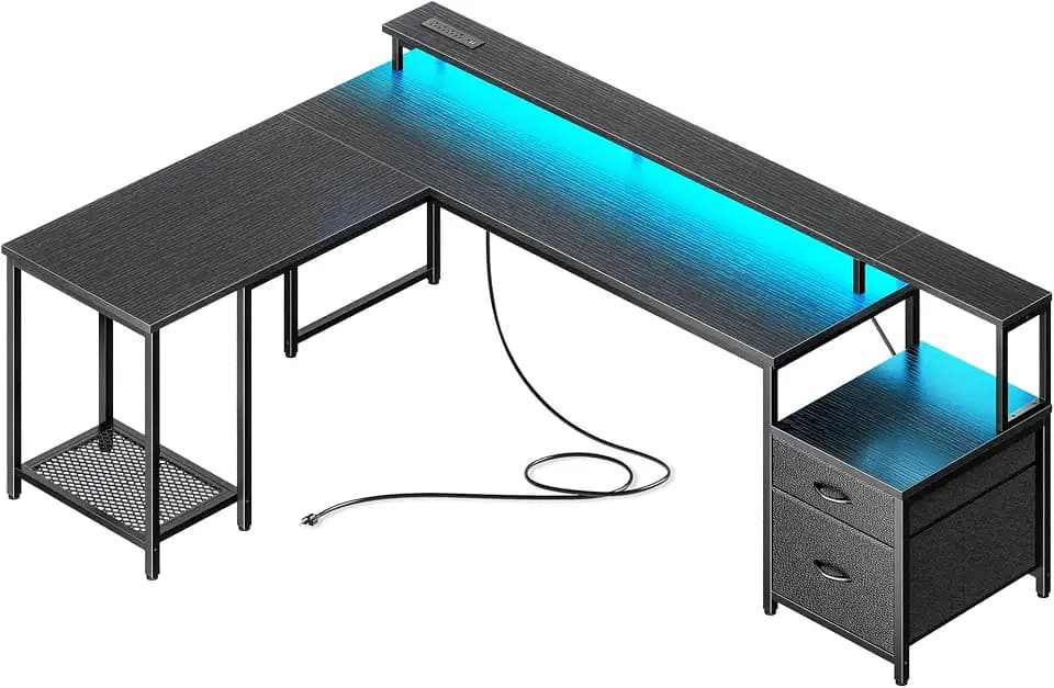 PRAISUN 66" L Shaped Gaming Desk with LED Lights & Power Outlets