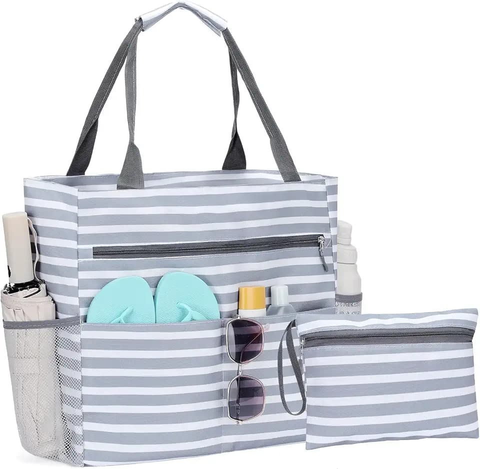 Beach Tote Bags for Women Large Beach Bag with Zipper Pool Bag for Gym Weekender Travel Water-resistant Sand-resistant