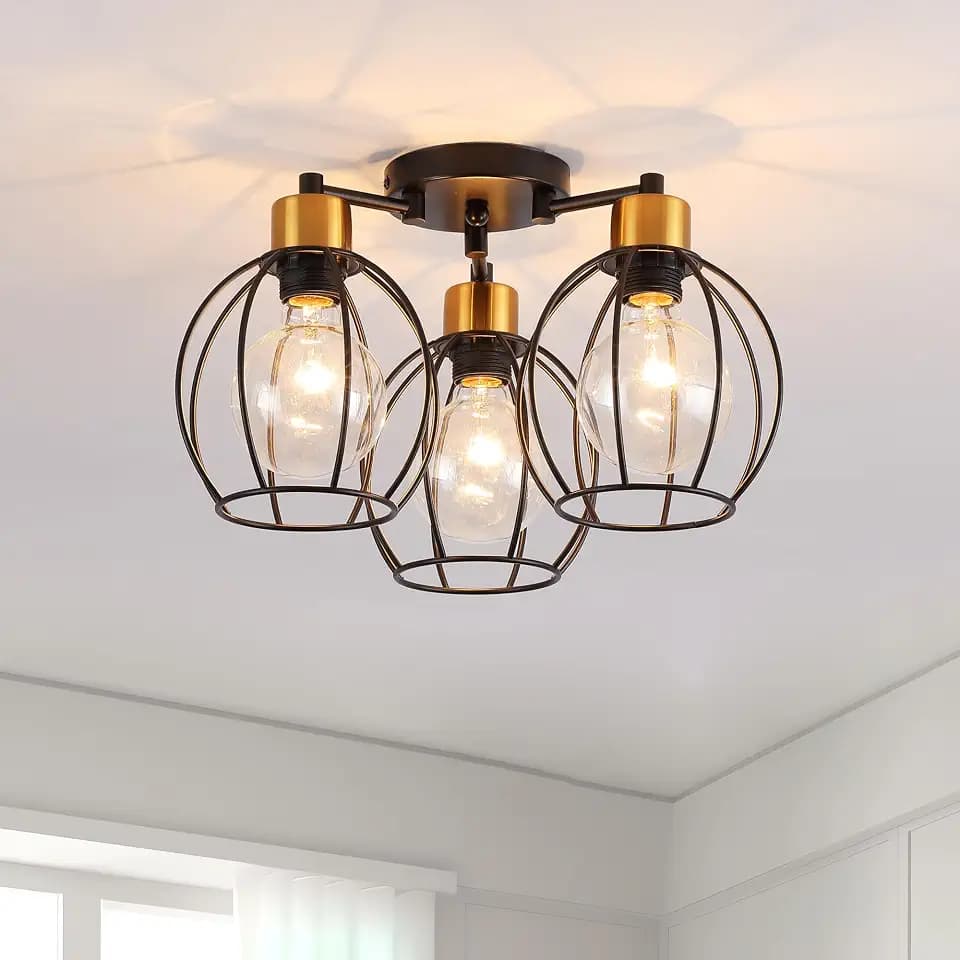 Vintage Deckenlampe 3 Flammig Deckenleuchte Wohnzimmer Rund Schwarz Gold Decke Küchenlampe, E27 Industrial Deckenstrahler Metall Käfig für Schlafzimmer Esszimmer Flur, Φ 38 cm