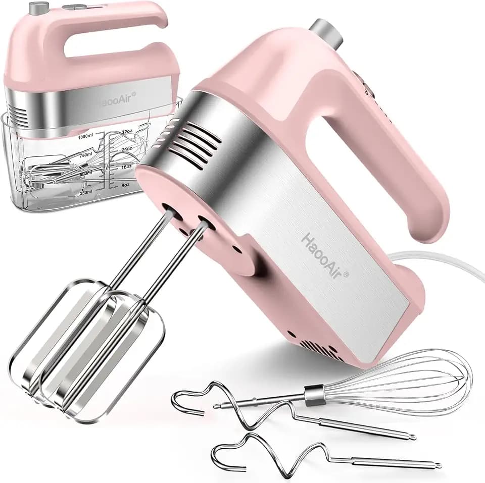 450W Elektro-Handmixer, 5-Gang-Handmixer mit Messbecher-aufbewahrung, Turbo-Boost, Auswurftaste, Küchenmixer für Backen, 5* Edelstahl-Zubehör, Light Pink