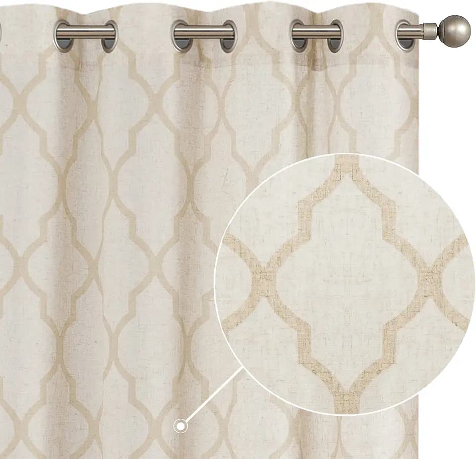 COLLACT Linen Curtains for Living Room Farmhouse Beige Moroccan Tile Print Curtains 96 Inches Long Geometric Lattice Patterned Light Filtering Drapes for Bedroom Grommet Top 2 Panels Set Beige on Flax