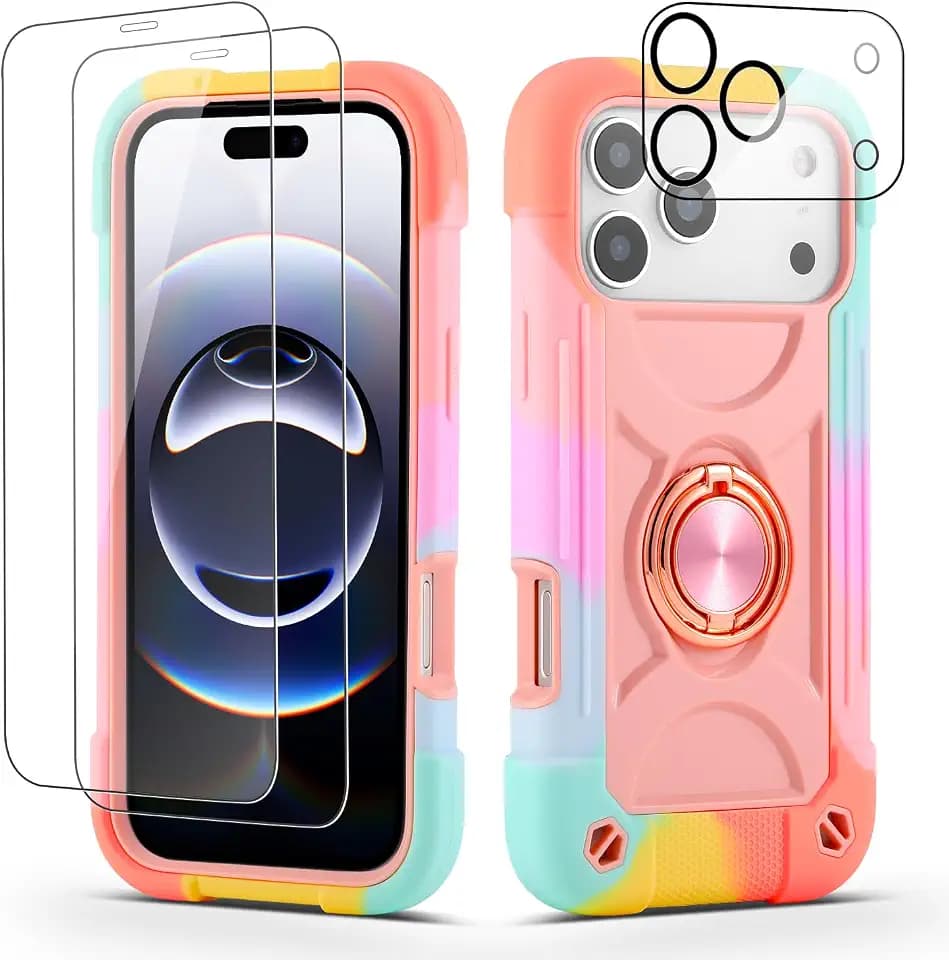 for iPhone 18 Pro Max/17 Pro Max 6.9 inch Case - Heavy Duty Shock Resistant Military Grade Rugged Case with Ring Stand, Glass Screen Protector and Camera Lens Protector (Rainbow Pink)