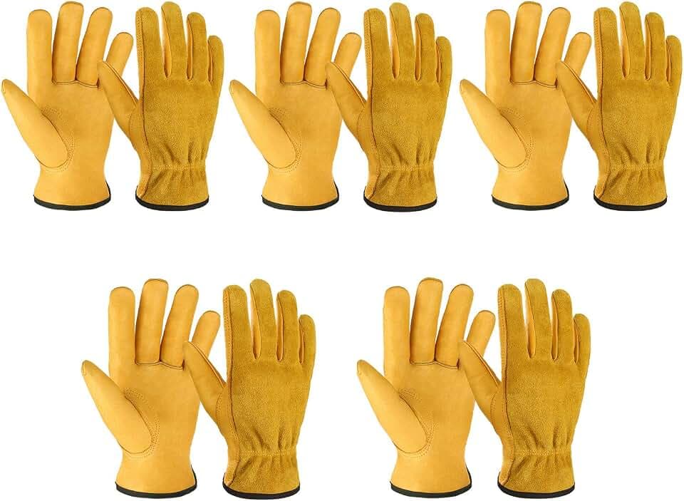 OZERO Leather Work Gloves, Gardening Gloves, Flex Grip, 5 Pairs, Large