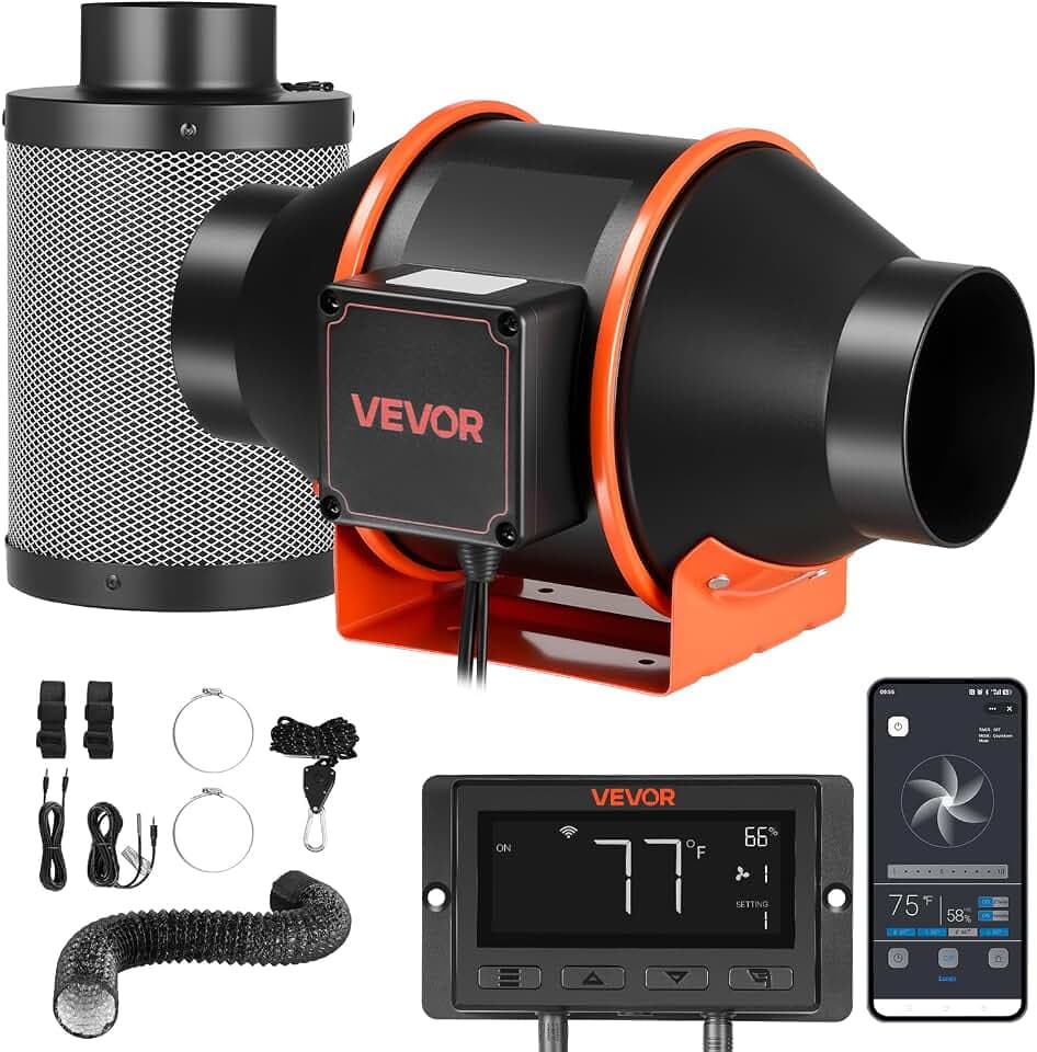 VEVOR 101,6mm Rohrventilator mit Kohlefilter, 349m³/h Inline-Rohrlüfter mit PWM & App-Steuerung, Kanalventilator mit 10 Stufen 9h Timer & EC-Motor, Abluftventilator für Gewächshaus Keller Rauchabzug