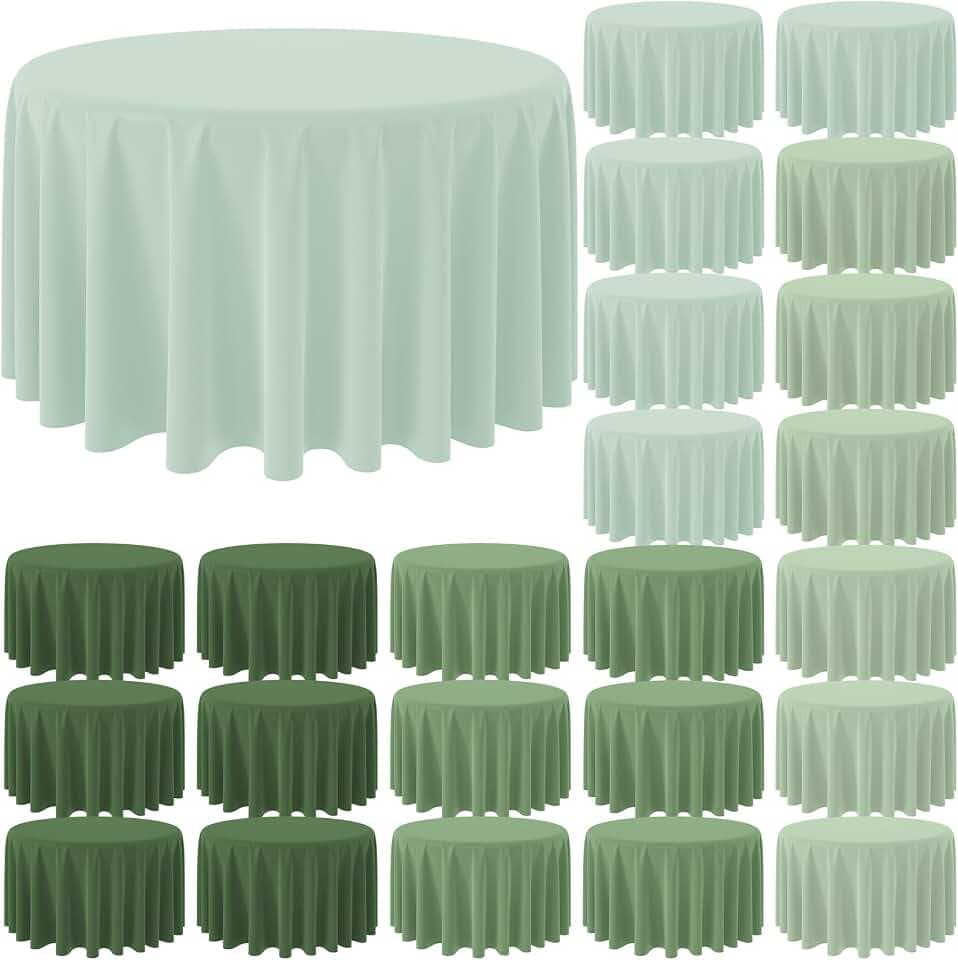 Hallswl 24Pcs 84 Inch Round Sage Green Tablecloth 4 Green Colors Disposable Plastic Round Table Cover for Baby Shower Bridal Wedding Birthday Party Decorations and Supplies