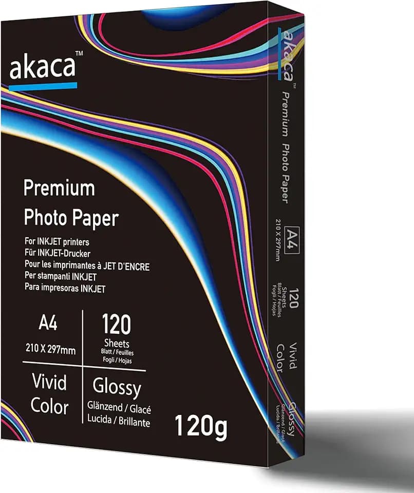 akaca Fotopapier Glänzend A4 (210 x 297 mm), 120 Blatt, 120 g/m², Premium Glossy Photo Paper, Photopapier für alle Tintenstrahldrucker