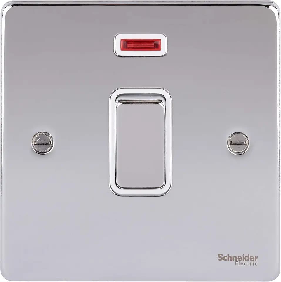 Schneider Electric GU2511WPC Ultimate flache Ausführung, Einzel-Lichtschalter, zweipolig, 20 AX, mit Neon-Indikator, poliertes Chrom mit weißem Einsatz