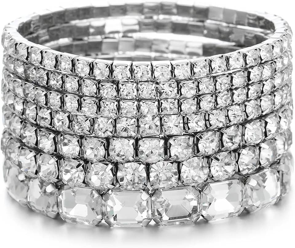 7 PCS Crystal Stretch Bracelets for Women, Bridal Wedding Stackable Layered Rhinestone Bracelets Set Evening Party Jewelry