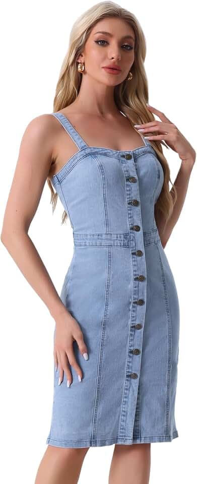 Allegra K Button Down Denim Kleid für Damen Ärmellos Sweetheart-Ausschnitt Jeans Kleider